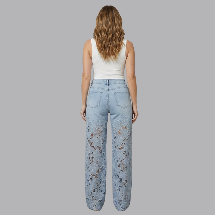 Women’s High Waisted Wide Leg Denim Jeans Floral Lace Panels