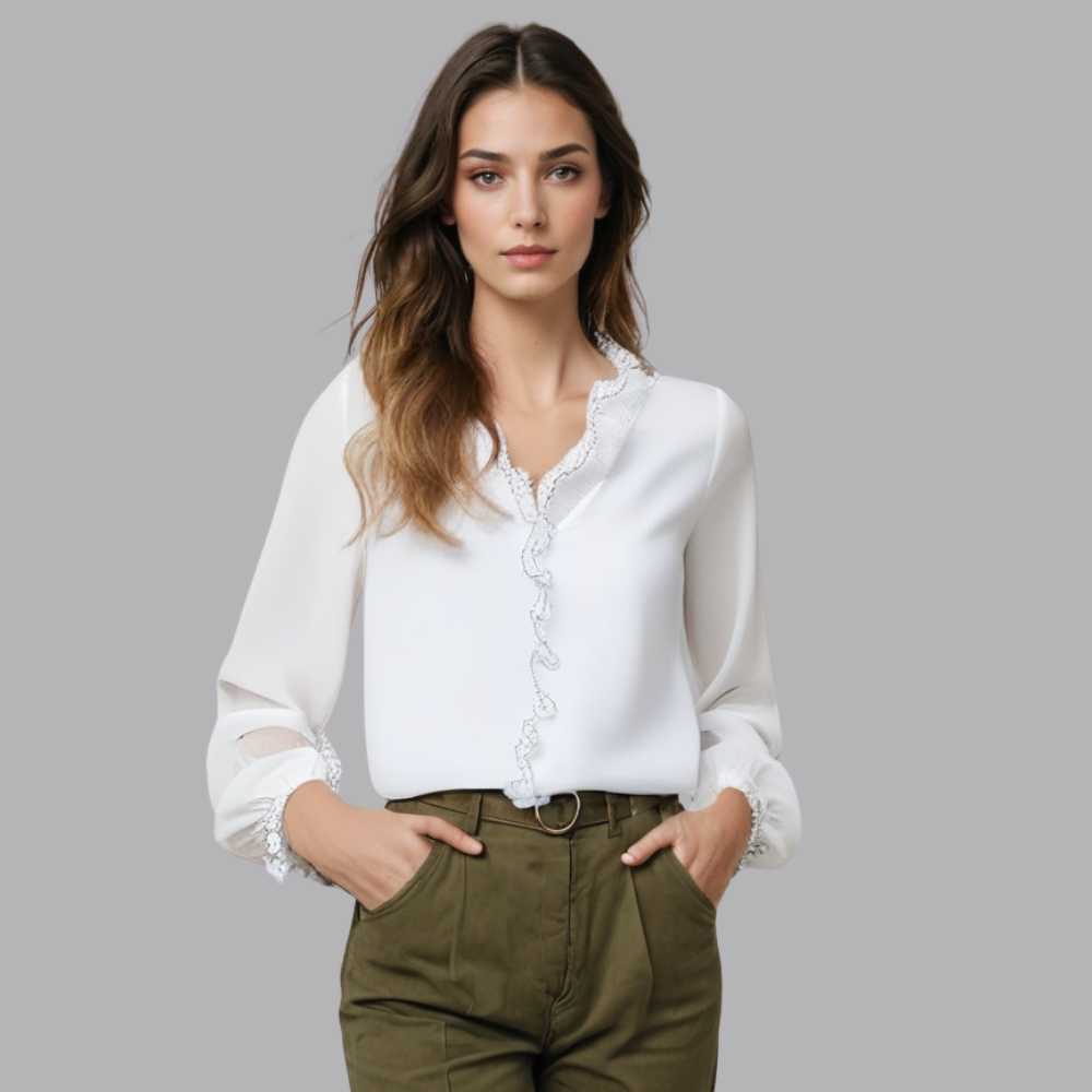 Women’s Chiffon Blouse Ruffle Trim Sheer Sleeves V Neck Top