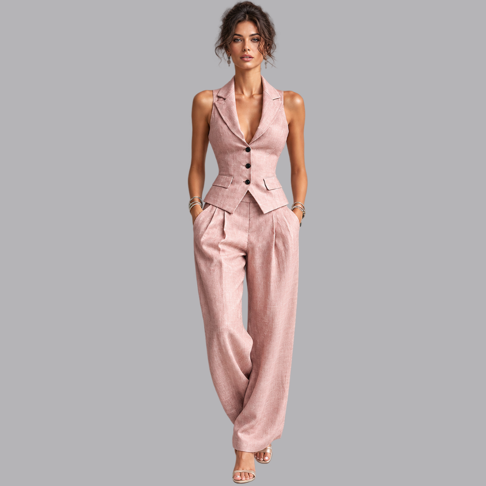 Women’s Pink Sleeveless Waistcoat Wide Leg Trousers Two Piece Set