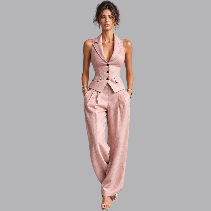 Women’s Pink Sleeveless Waistcoat Wide Leg Trousers Two Piece Set
