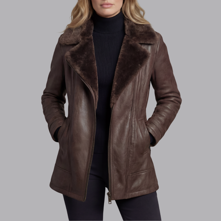 Women’s Faux Leather Jacket Shearling Collar Zip Front