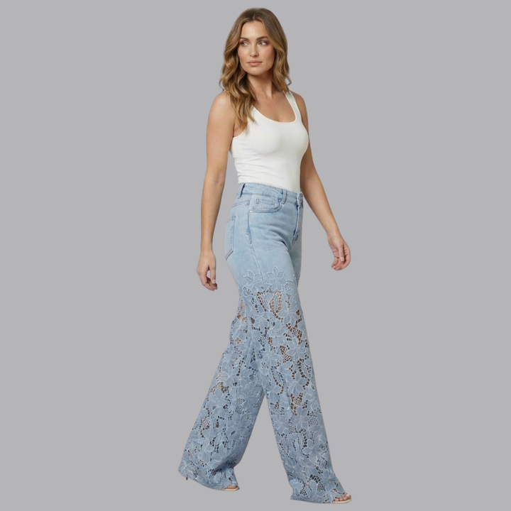 Women’s High Waisted Wide Leg Denim Jeans Floral Lace Panels