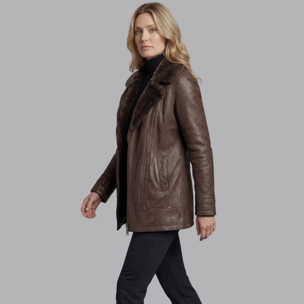 Women’s Faux Leather Jacket Shearling Collar Zip Front