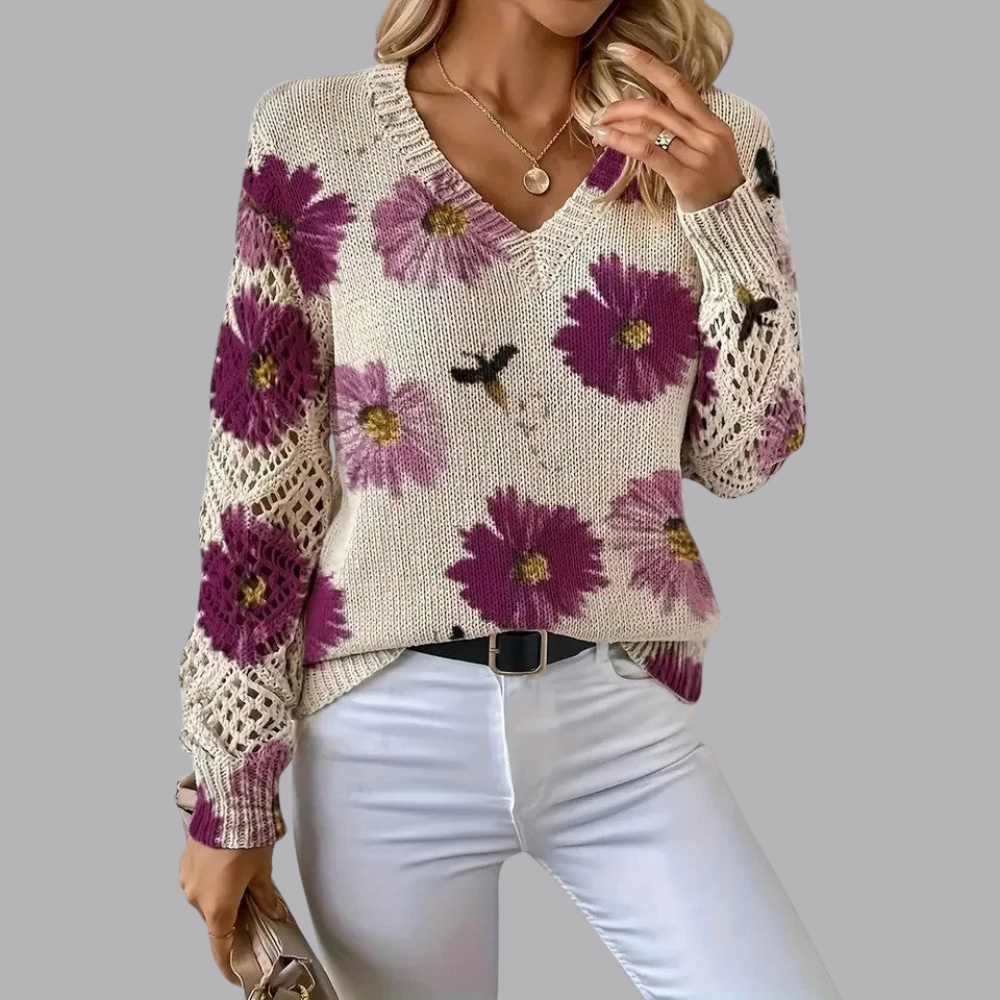 Women’s Floral Knit Sweater V Neck Open Knit Long Sleeve