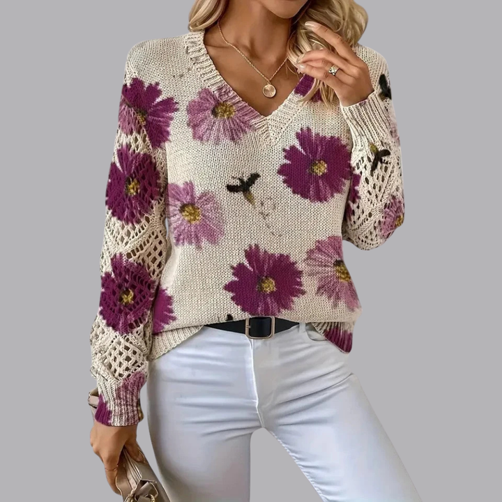 Women’s Floral Knit Sweater V Neck Open Knit Long Sleeve