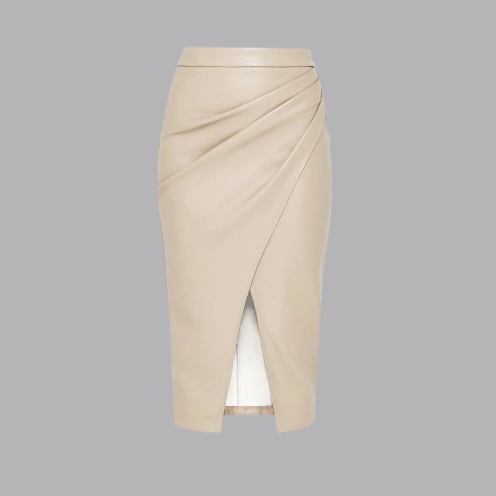 Women’s High Waist Faux Leather Midi Skirt Asymmetrical Wrap Front Slit