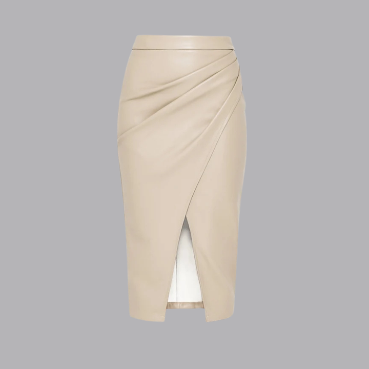 Women’s High Waist Faux Leather Midi Skirt Asymmetrical Wrap Front Slit
