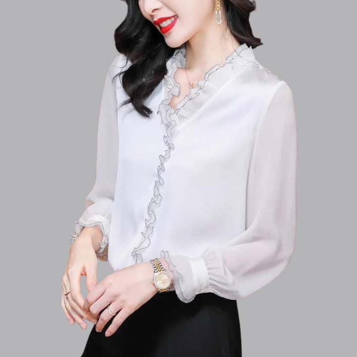 Women’s Chiffon Blouse Ruffle Trim Sheer Sleeves V Neck Top