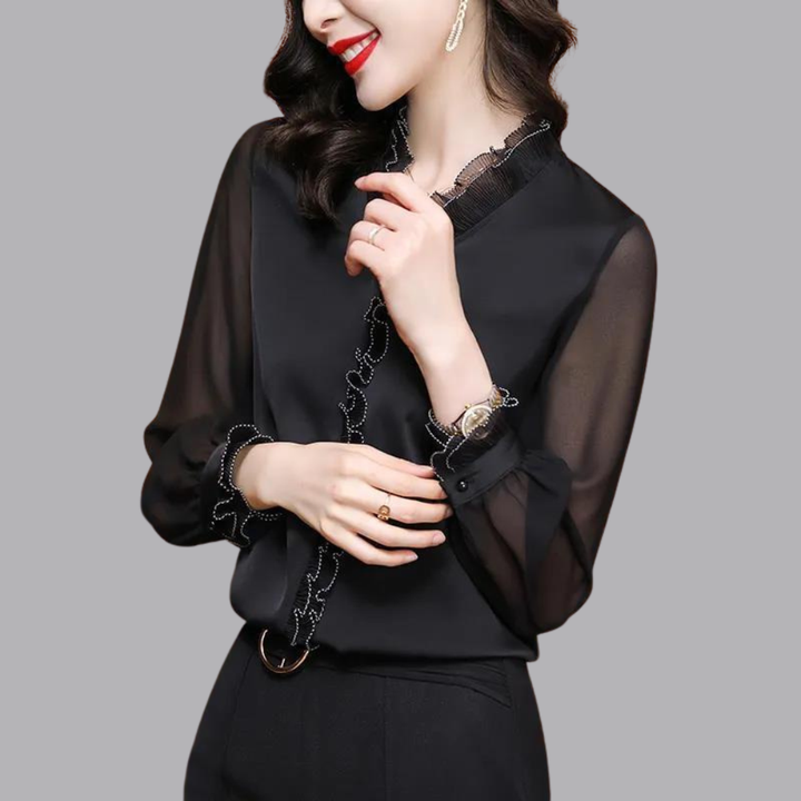 Women’s Chiffon Blouse Ruffle Trim Sheer Sleeves V Neck Top