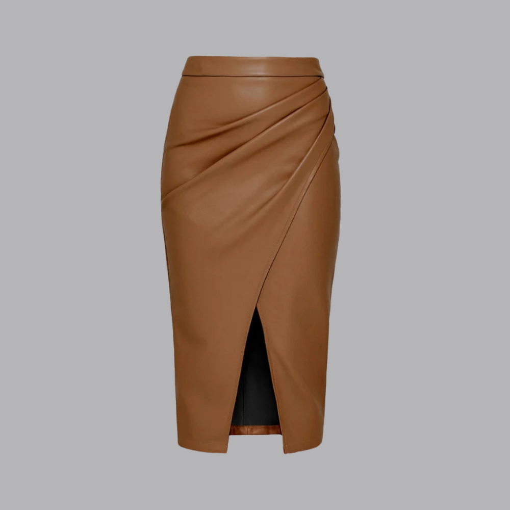 Women’s High Waist Faux Leather Midi Skirt Asymmetrical Wrap Front Slit