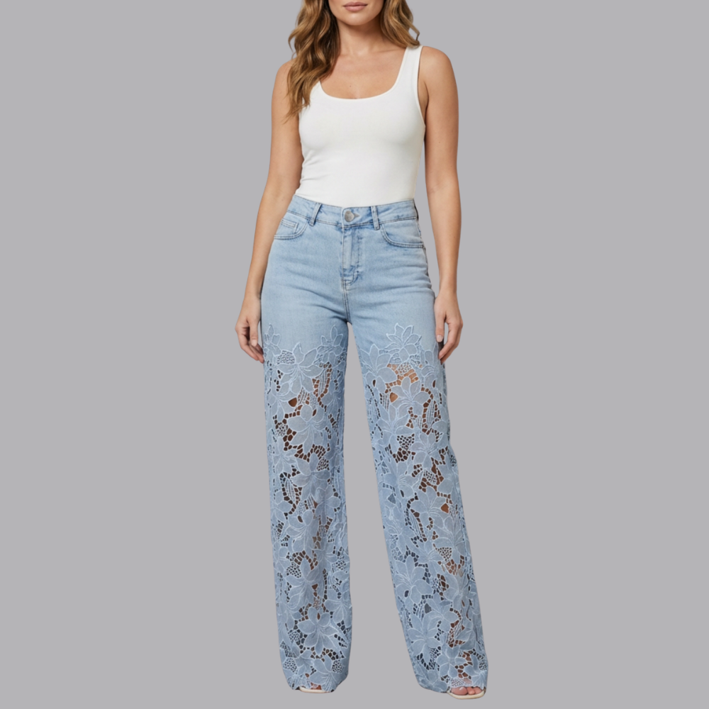 Women’s High Waisted Wide Leg Denim Jeans Floral Lace Panels
