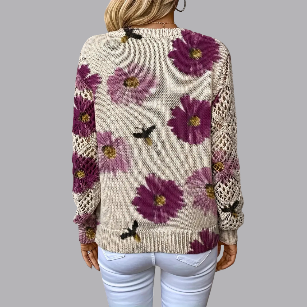 Women’s Floral Knit Sweater V Neck Open Knit Long Sleeve