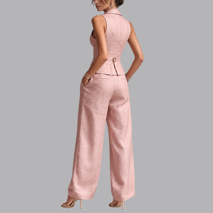 Women’s Pink Sleeveless Waistcoat Wide Leg Trousers Two Piece Set