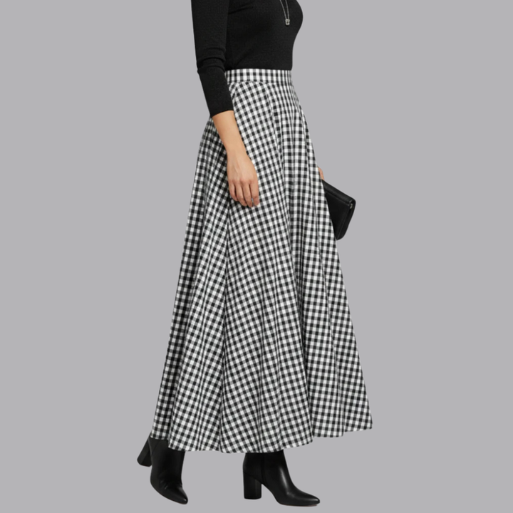 Women’s Checked Maxi Skirt High Waisted Flared Fit
