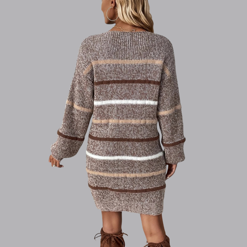 Women’s Striped Knit Sweater Dress Long Sleeve Crew Neck