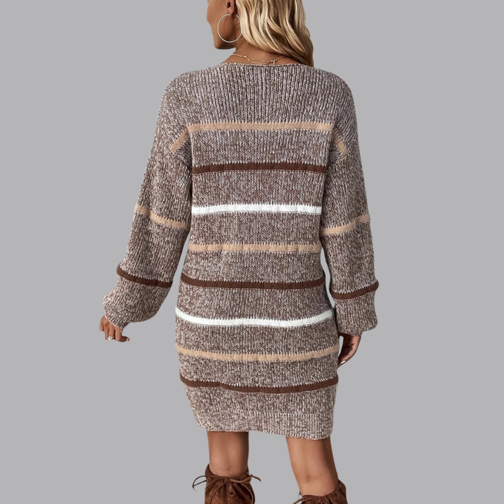 Women’s Striped Knit Sweater Dress Long Sleeve Crew Neck