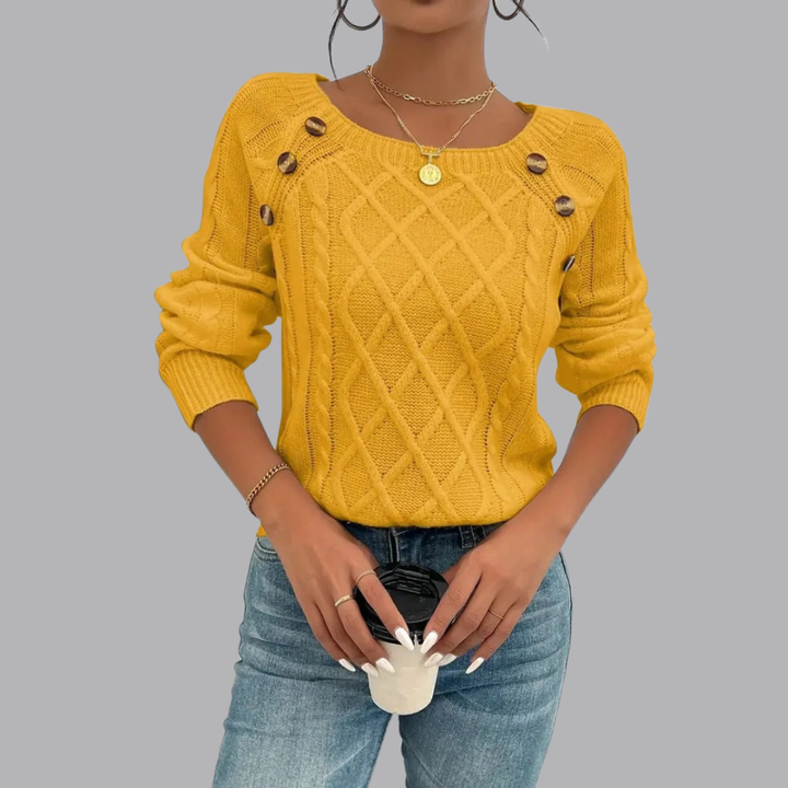 Women’s Cable Knit Jumper Boat Neck Button Detail Sweater