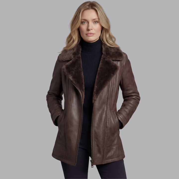 Women’s Faux Leather Jacket Shearling Collar Zip Front