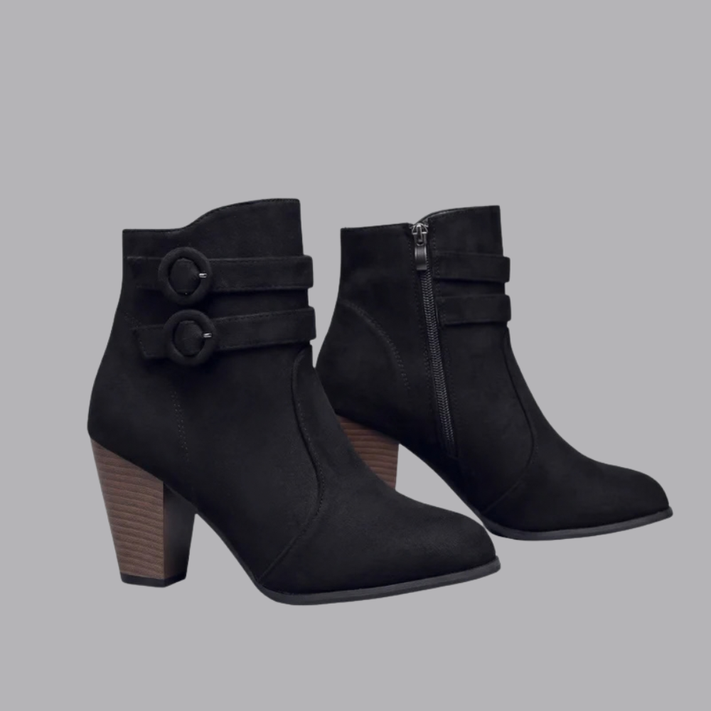 Women’s Ankle Boots Double Buckle Block Heel Side Zipper