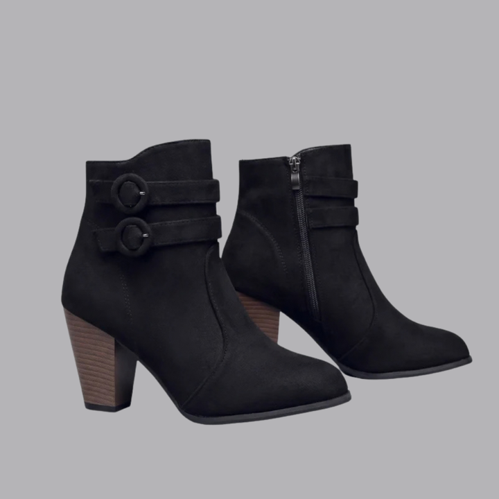 Women’s Ankle Boots Double Buckle Block Heel Side Zipper