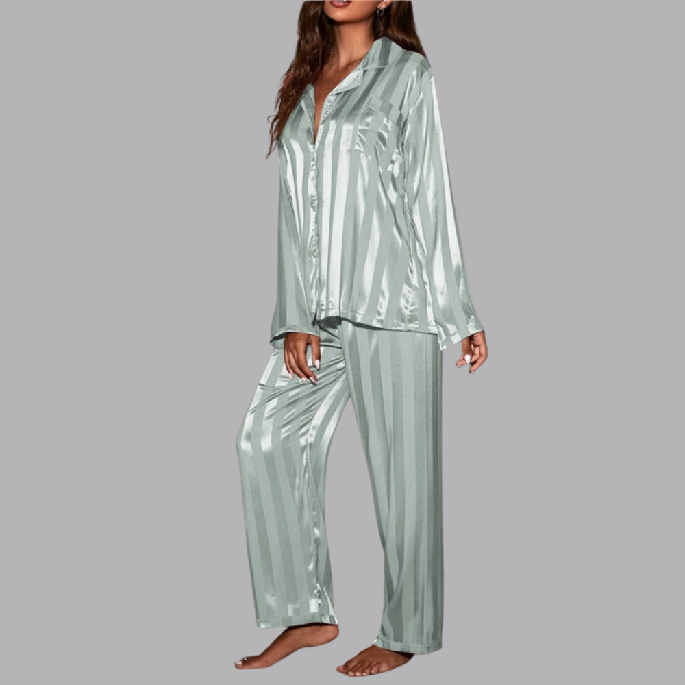 Women’s Satin Pajama Set Striped Long Sleeve &amp; Wide Leg Pants