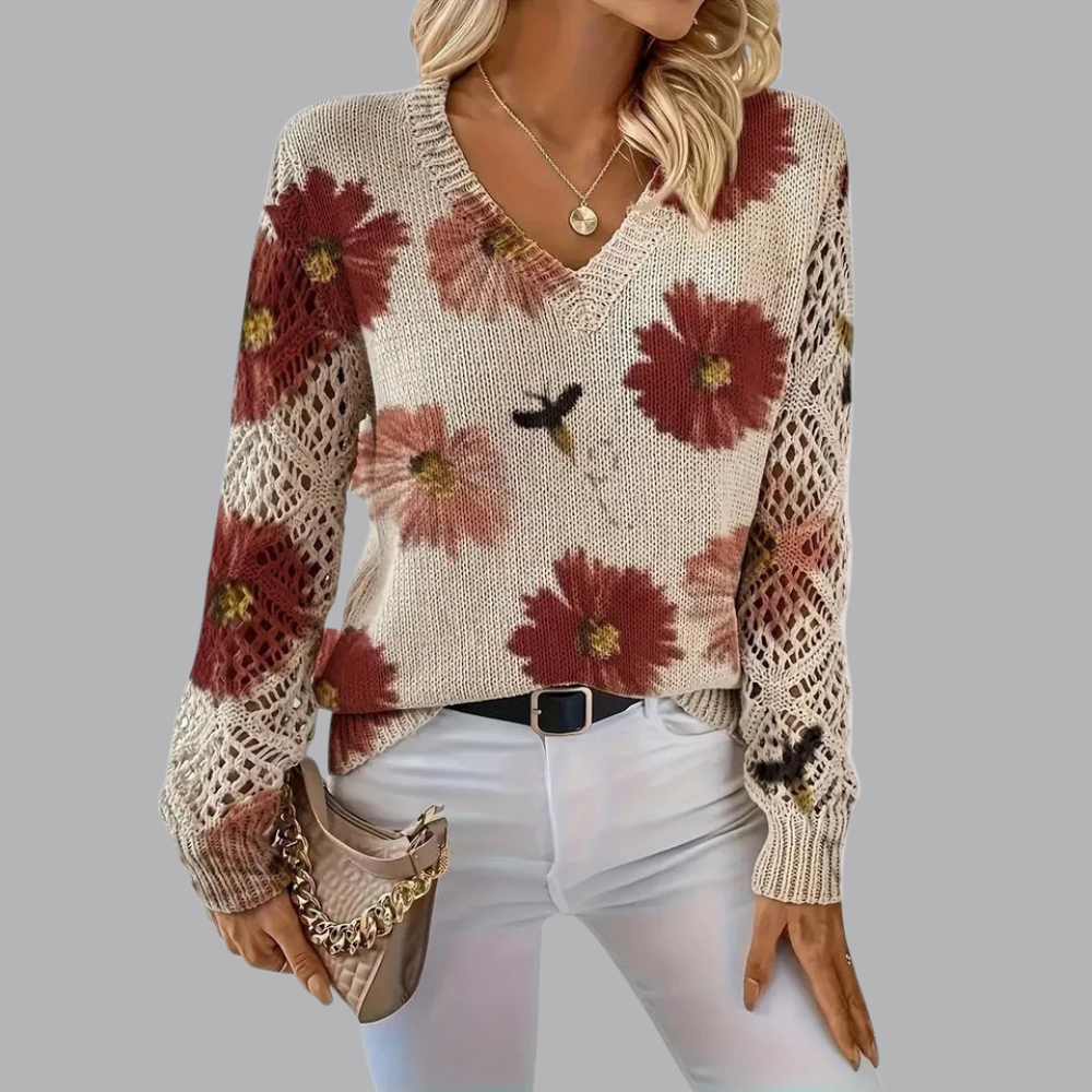 Women’s Floral Knit Sweater V Neck Open Knit Long Sleeve