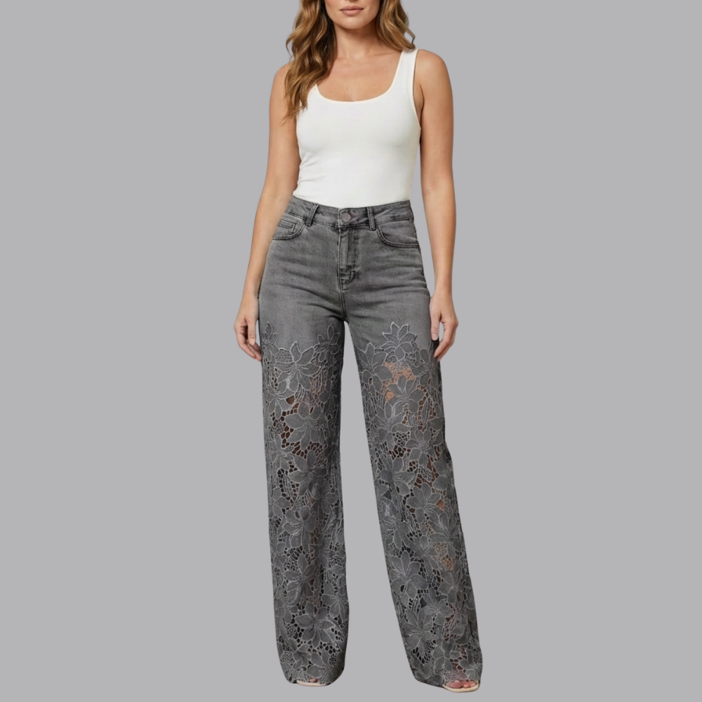 Women’s High Waisted Wide Leg Denim Jeans Floral Lace Panels