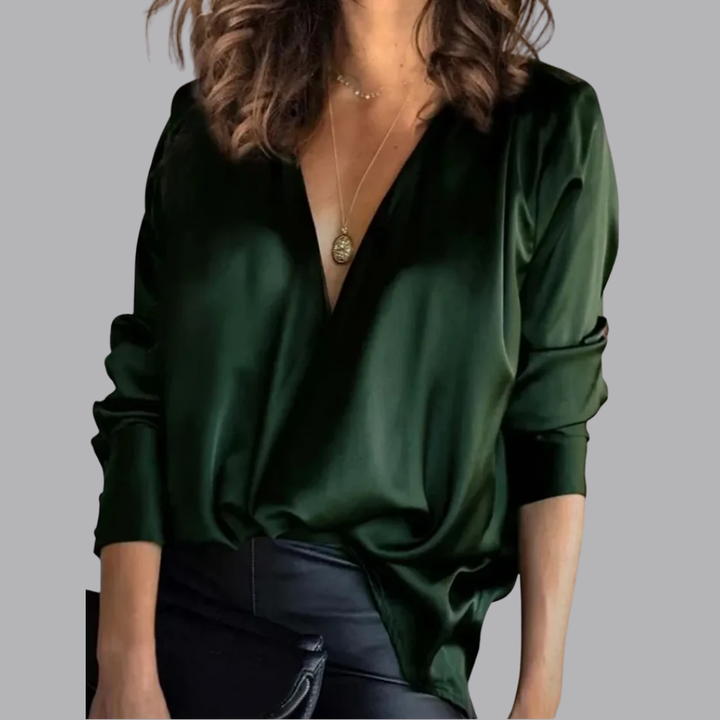 Women’s Satin Wrap Blouse Long Sleeve V Neck Top