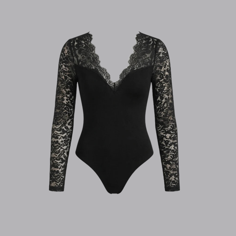 Women’s Black Lace Blouse Bodysuit V Neck Long Sleeves