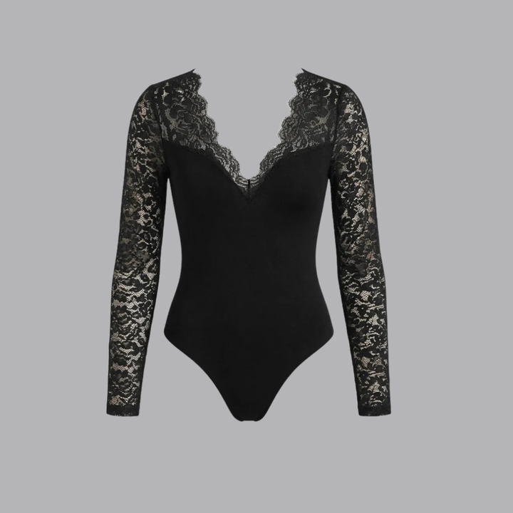 Women’s Black Lace Blouse Bodysuit V Neck Long Sleeves