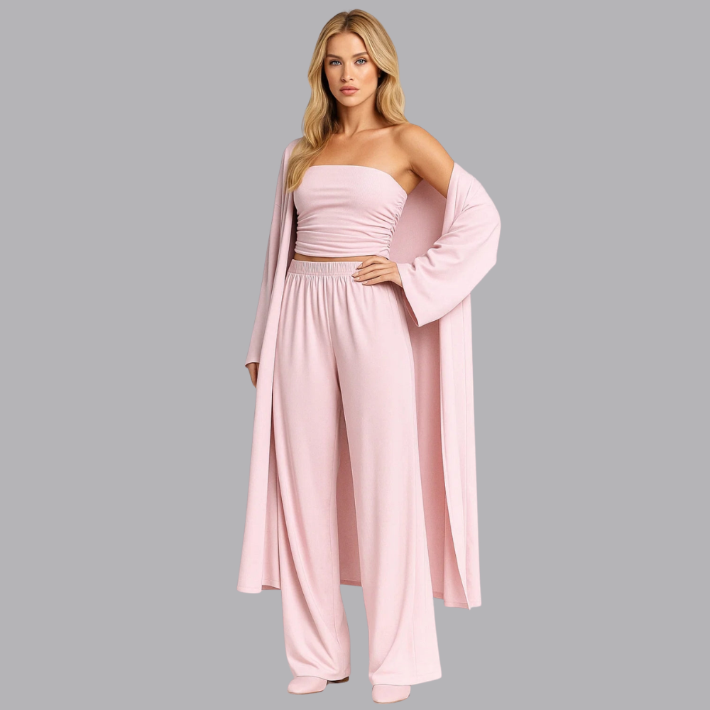 Women’s Bandeau Top Wide Trousers Cardigan Three Piece Set