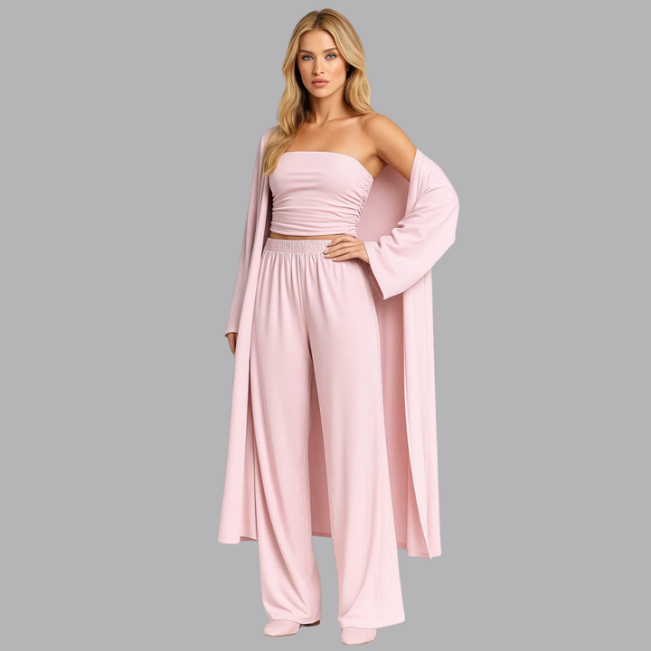 Women’s Bandeau Top Wide Trousers Cardigan Three Piece Set