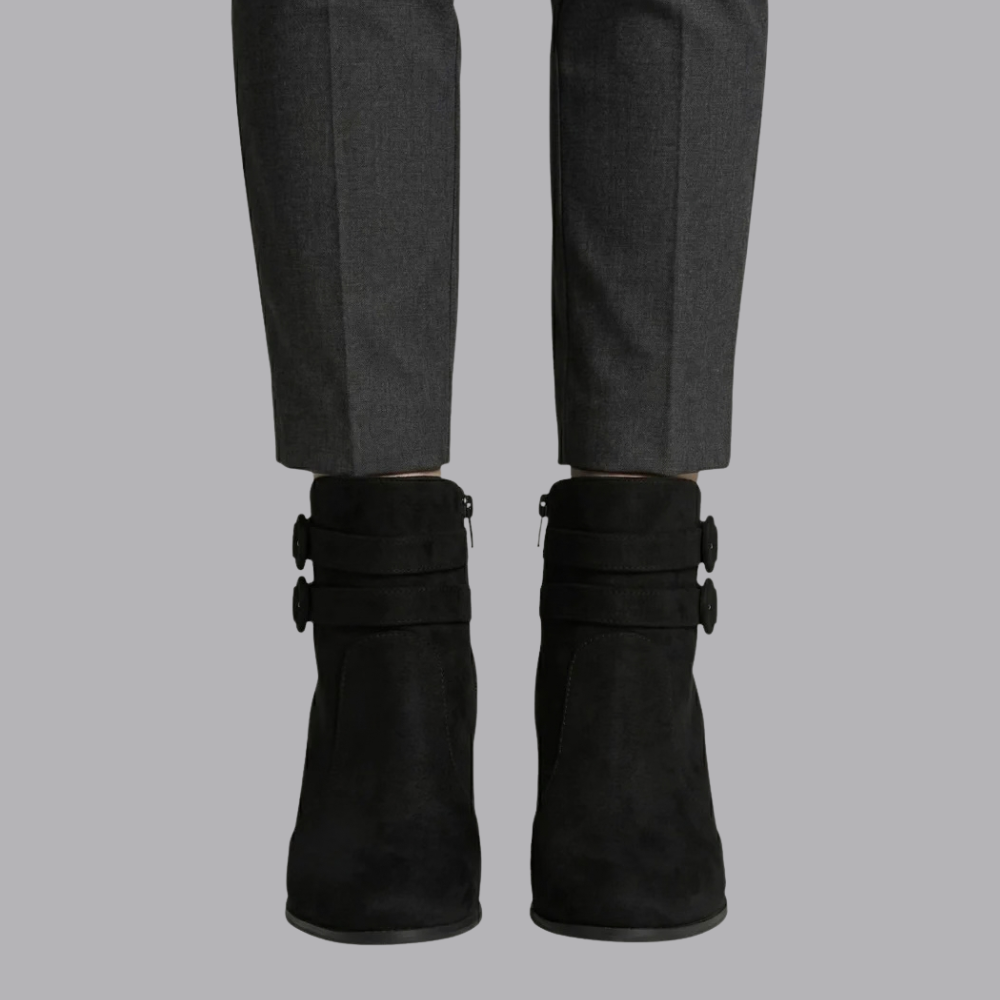 Women’s Ankle Boots Double Buckle Block Heel Side Zipper