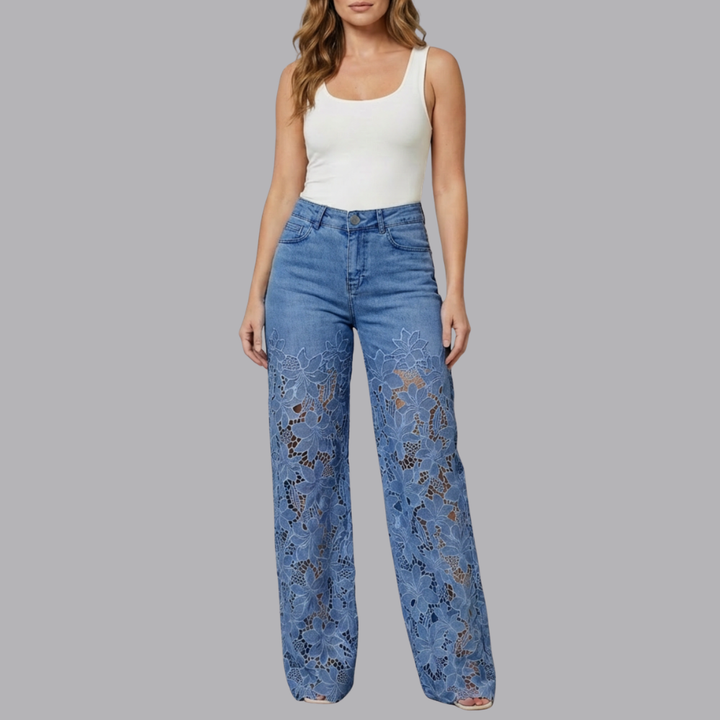 Women’s High Waisted Wide Leg Denim Jeans Floral Lace Panels
