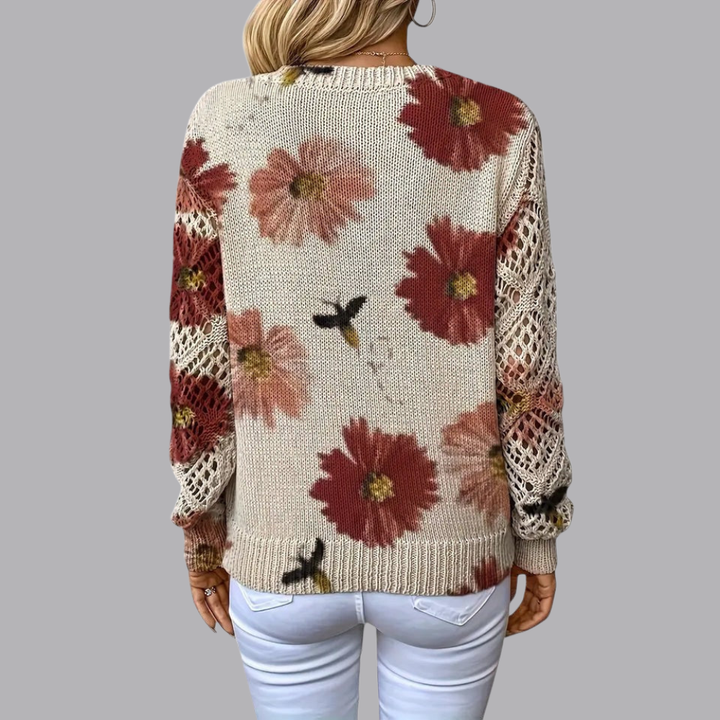 Women’s Floral Knit Sweater V Neck Open Knit Long Sleeve