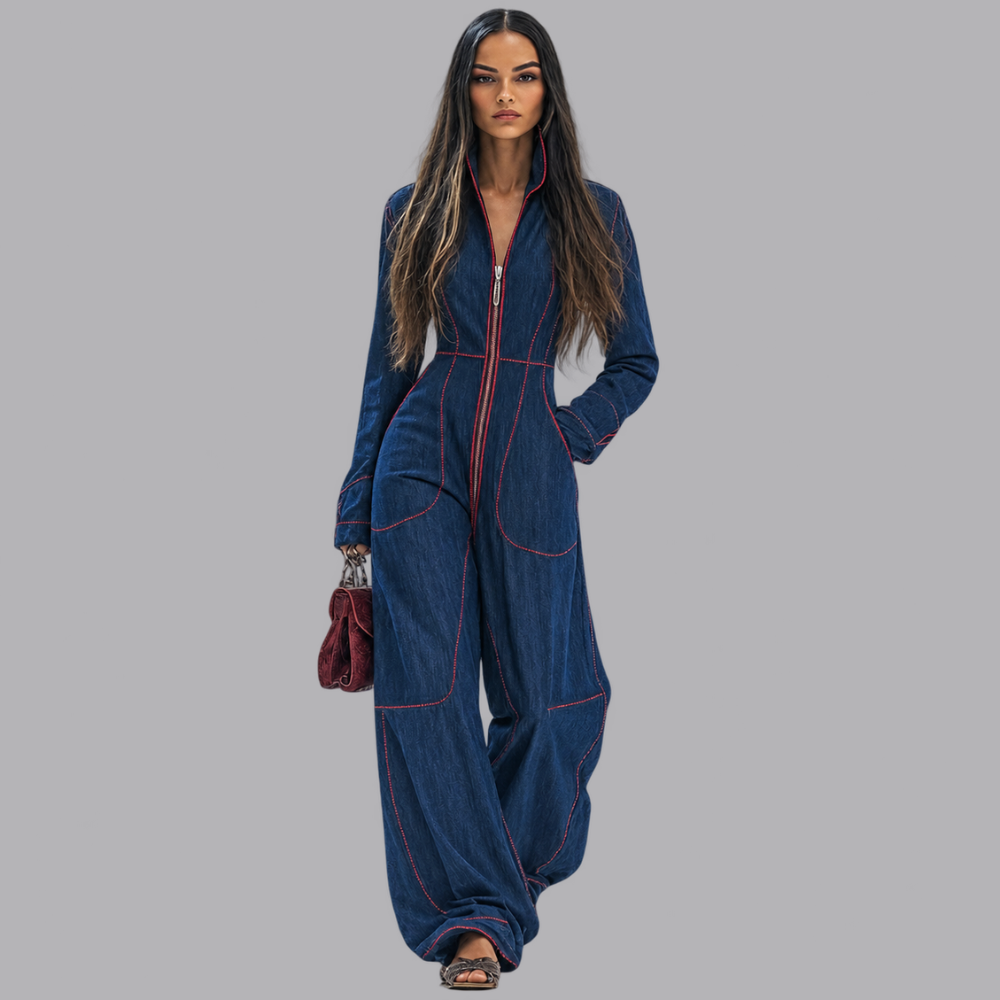 Women’s Denim Jumpsuit Zip Front Long Sleeve Wide Leg