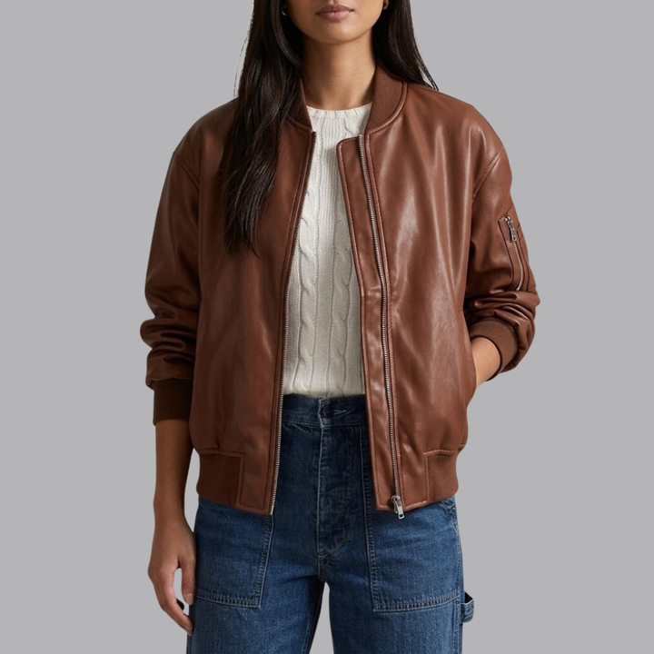 Women’s Faux Leather Bomber Jacket Ribbed Cuffs Zip Front