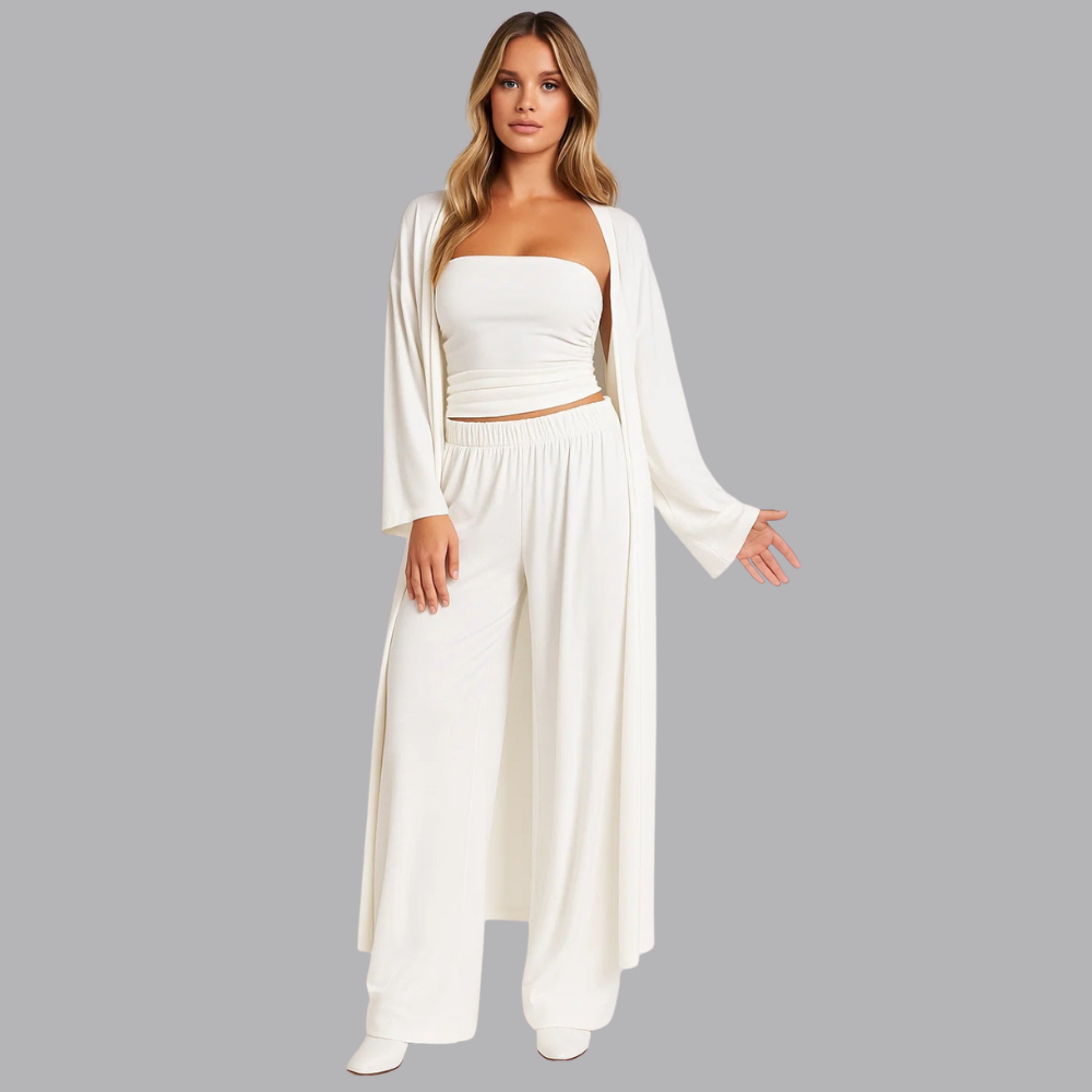 Women’s Bandeau Top Wide Trousers Cardigan Three Piece Set