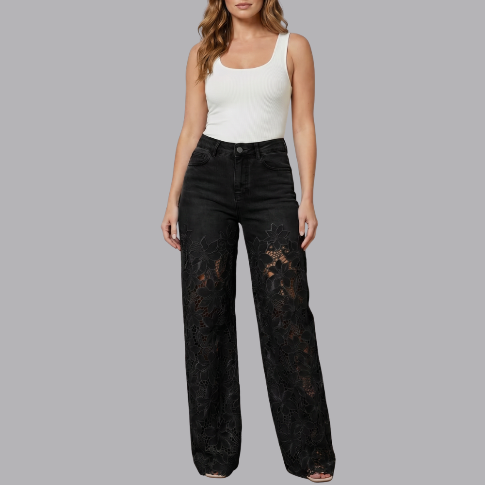 Women’s High Waisted Wide Leg Denim Jeans Floral Lace Panels