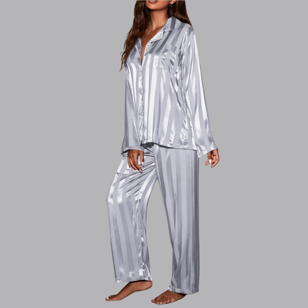 Women’s Satin Pajama Set Striped Long Sleeve &amp; Wide Leg Pants