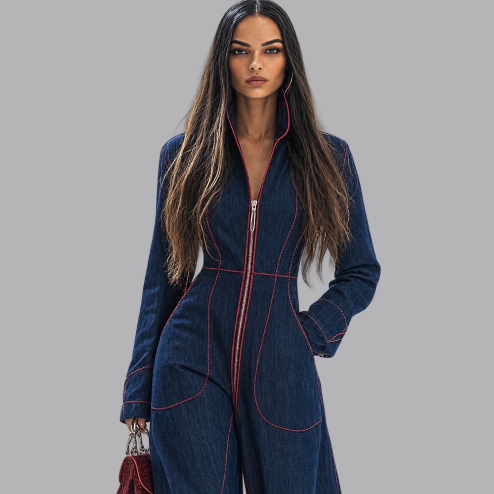 Women’s Denim Jumpsuit Zip Front Long Sleeve Wide Leg