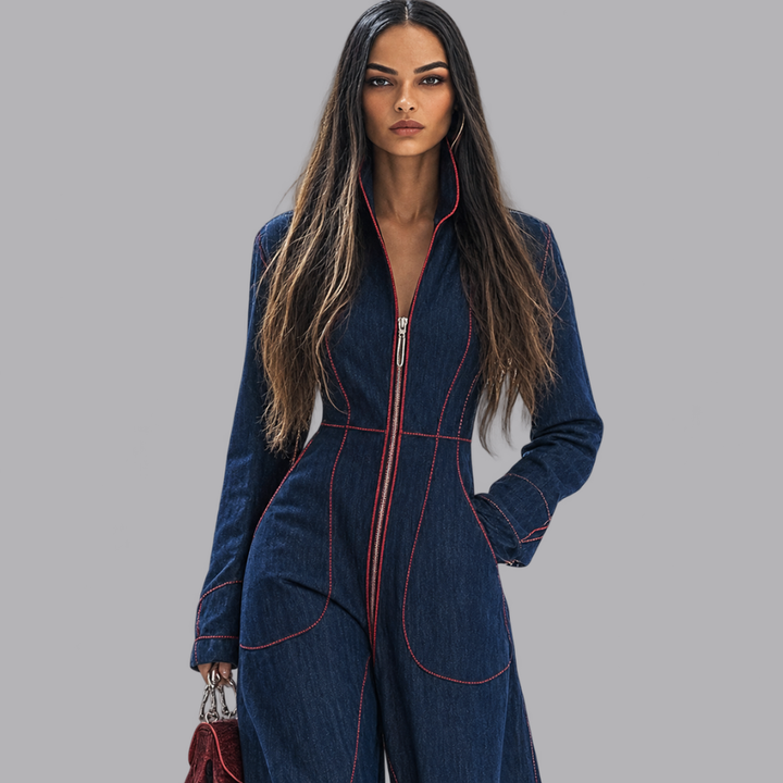 Women’s Denim Jumpsuit Zip Front Long Sleeve Wide Leg