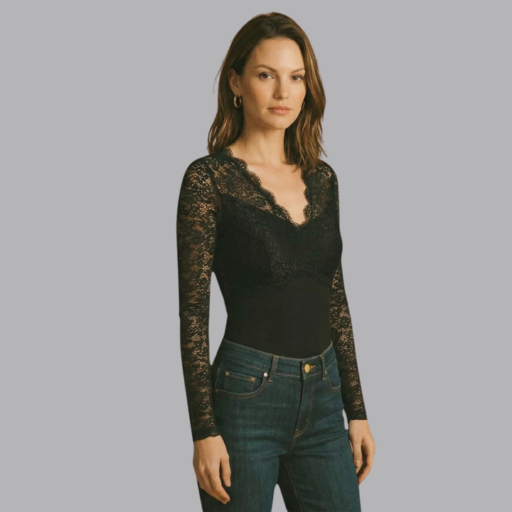 Women’s Black Lace Blouse Bodysuit V Neck Long Sleeves