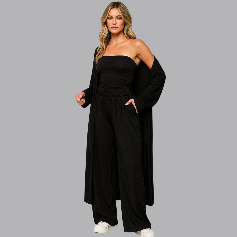 Women’s Bandeau Top Wide Trousers Cardigan Three Piece Set