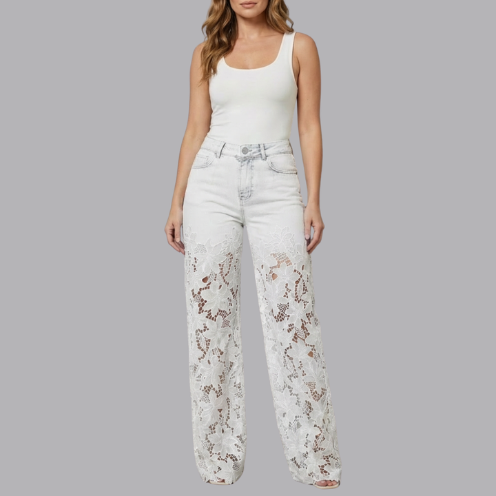 Women’s High Waisted Wide Leg Denim Jeans Floral Lace Panels