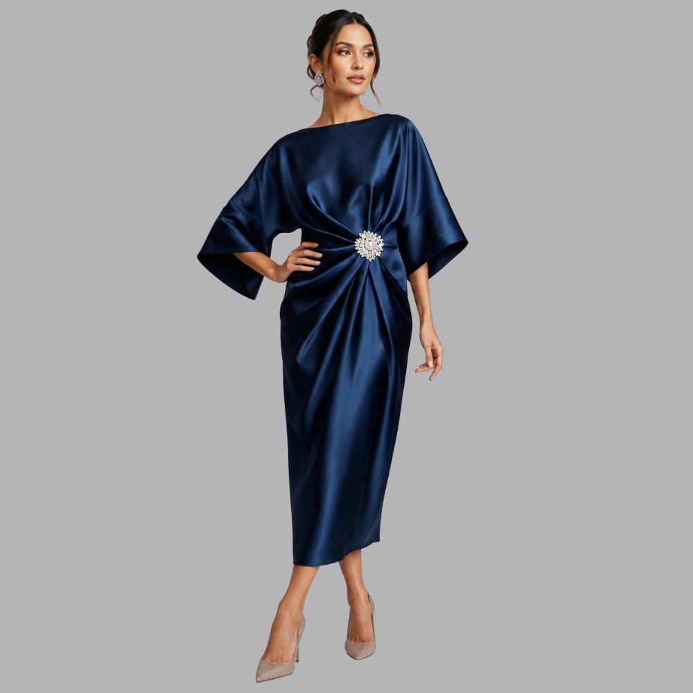 Women’s Satin Midi Dress Batwing Sleeves Embellished Waist Detail