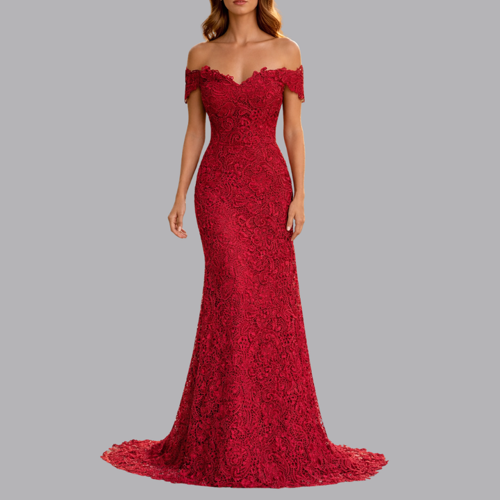 Women’s Red Off Shoulder Floral Lace Wedding Guest Dress