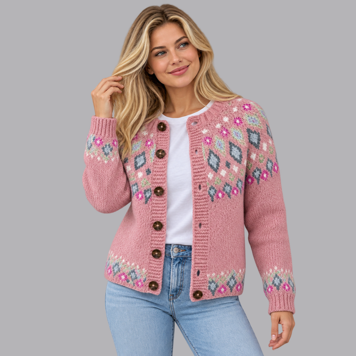Women’s Pink Fair Isle Knit Button Front Cardigan Sweater