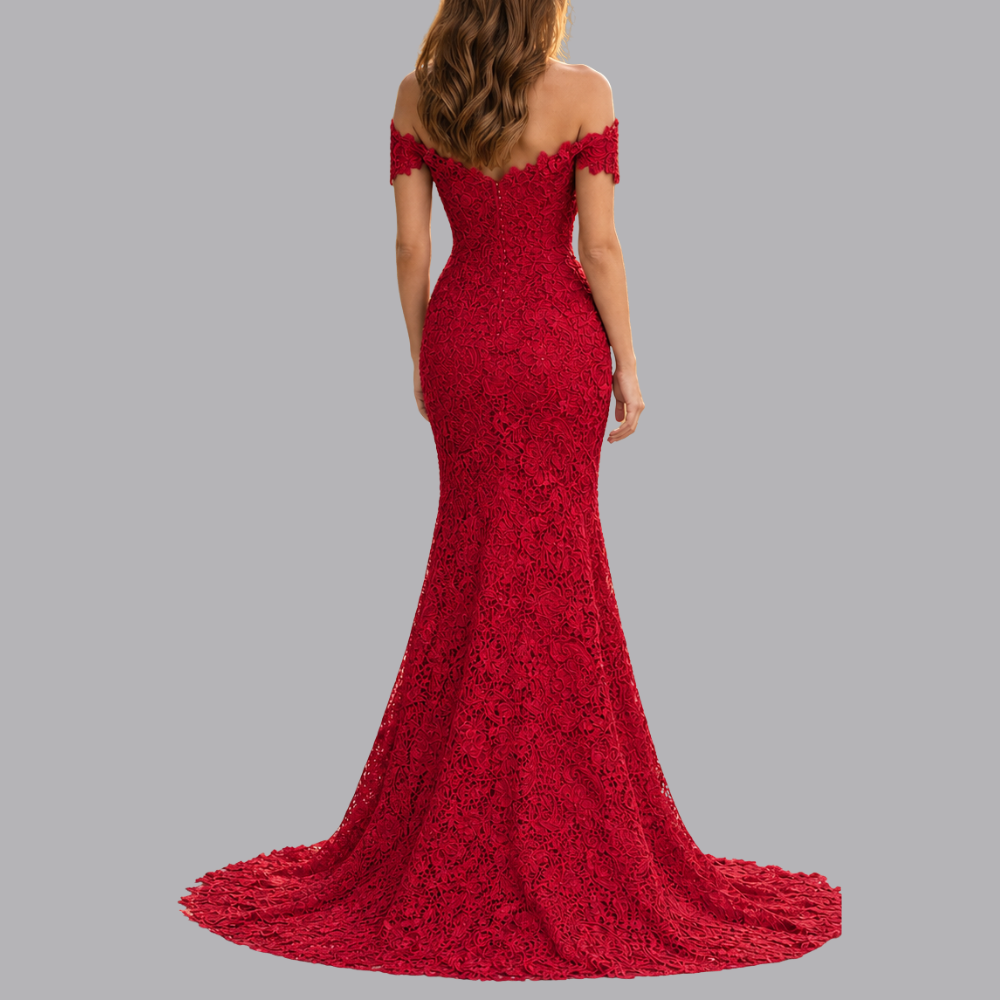 Women’s Red Off Shoulder Floral Lace Wedding Guest Dress