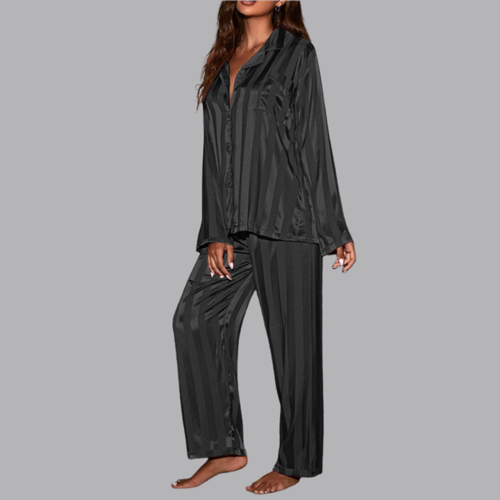 Women’s Satin Pajama Set Striped Long Sleeve &amp; Wide Leg Pants